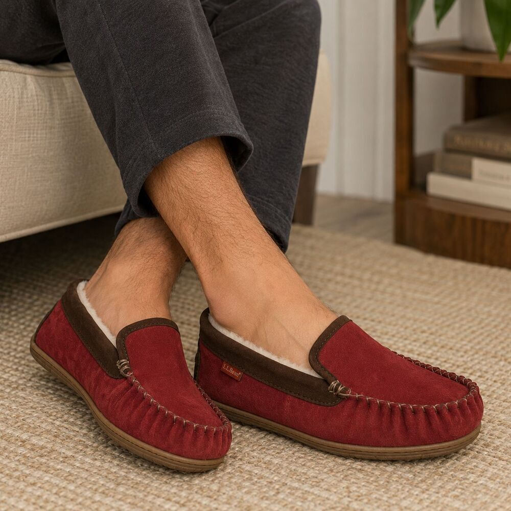 L.L.Bean Wicked Good Venetian Slippers Mens 9 Red Brown Shearling Suede Loafers